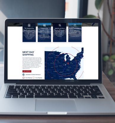 SEO Optimized Logistics Website with Interactive Shipping Map Laptop displaying a redesigned logistics website with an interactive shipping map, optimized for SEO and lead generation.