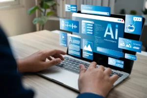 laptop with images related to AI and computer graphics