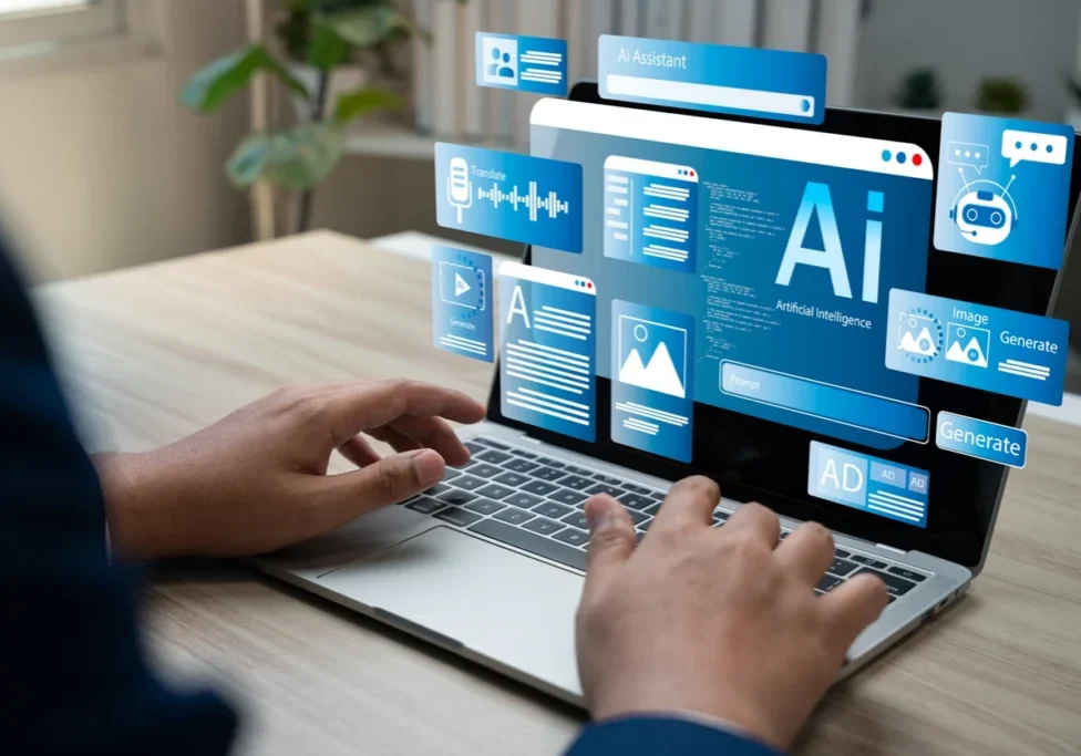 laptop with images related to AI and computer graphics