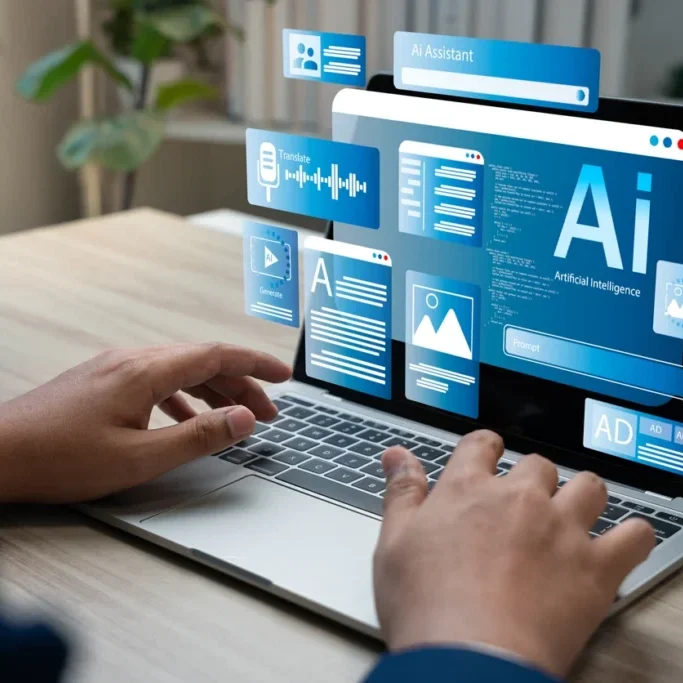 laptop with images related to AI and computer graphics