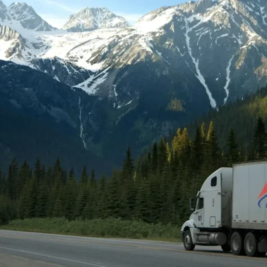 Acme Distribution truck driving through Colorado mountains showcasing logistics website redesign and SEO success.